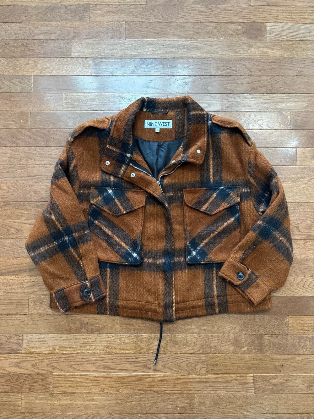 Nine West Rusty Orange Plaid Cropped Bomber Jacket